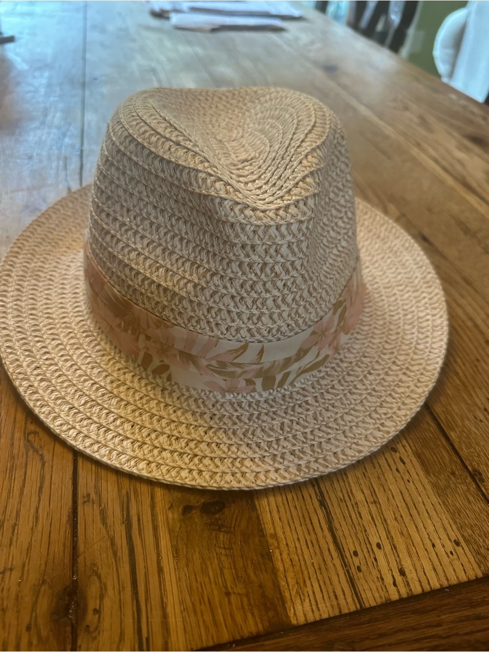 Womens Straw Fedora Hat with Floral Band - Beige